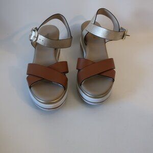 Womens Nero Giardini Brown, Gold Leather Platform Wedge Sandals 39/US 9